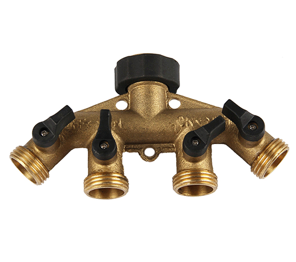 High quality brass water hose pipe 4 way splitter connector with shut off valve